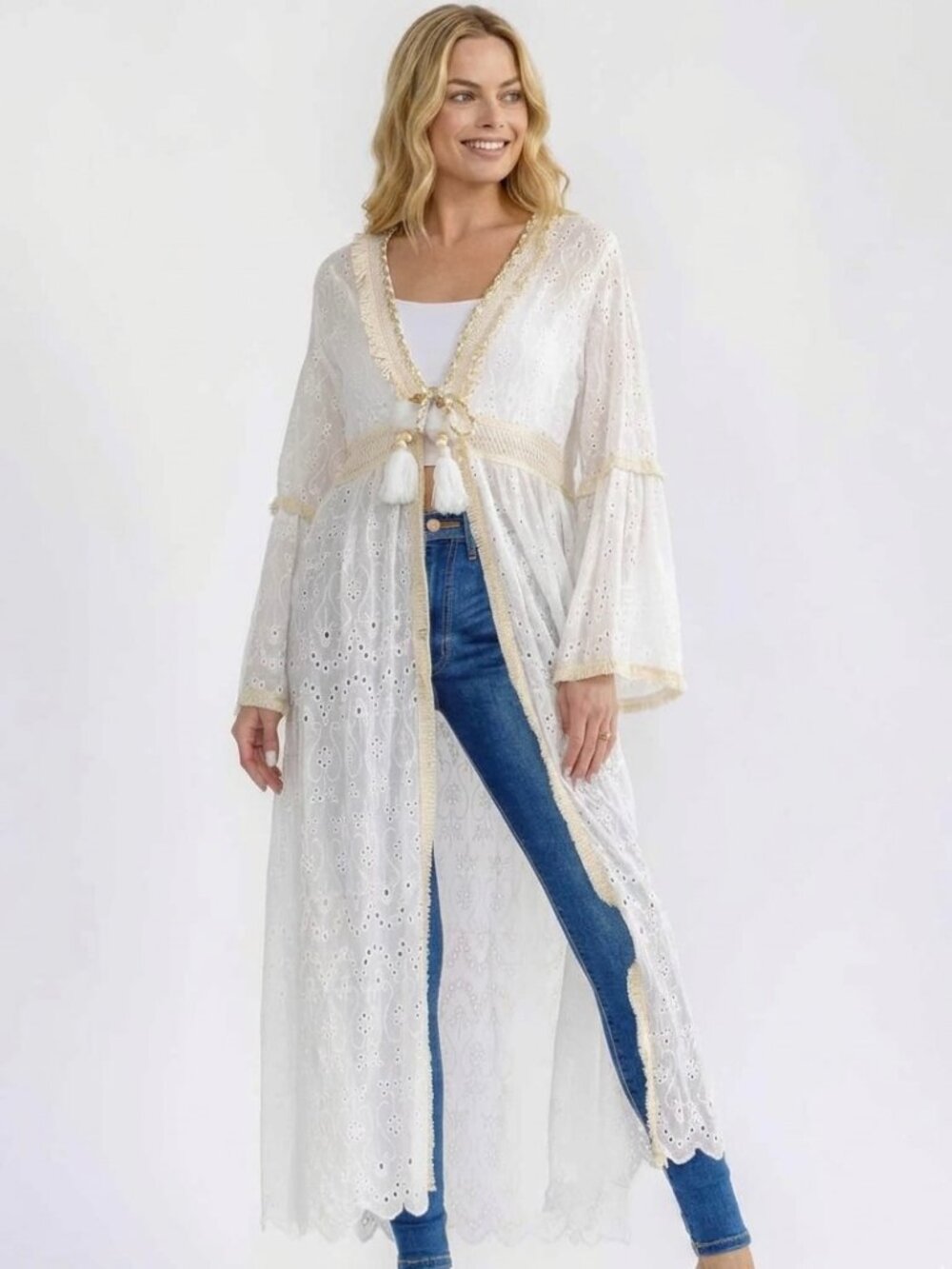 Boho Beach cardigan White Eyelet Tassel Duster size S-M-L
